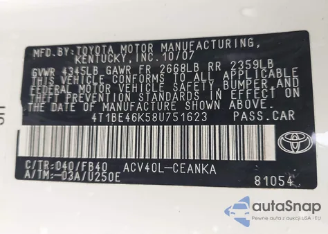 2008 Toyota Camry Le from USA, damaged, VIN 4T1BE46K58U751623